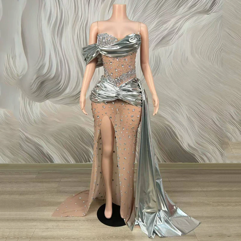 

Fashion Full Rhinestones Party Tailed Dress Singer Stage Catwalk Costume Women Celebrate Evening Gown Festival Outfits XS11501
