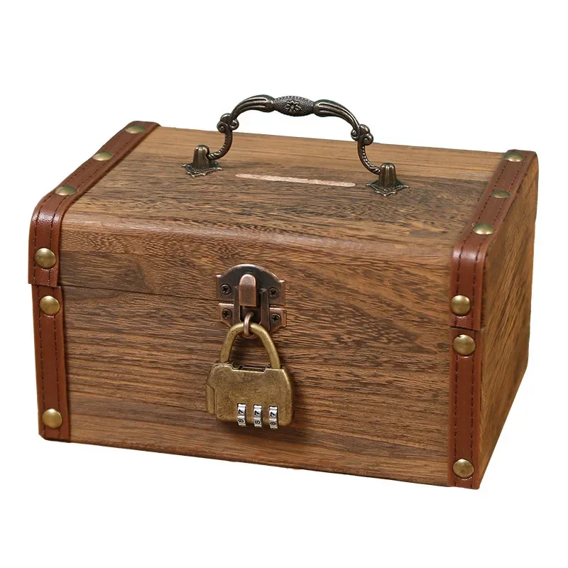 DurableSmall Boy Money Box Deposit Box Deposit Box Piggy Bank Key Code Lock Key With Kids Wooden Savings