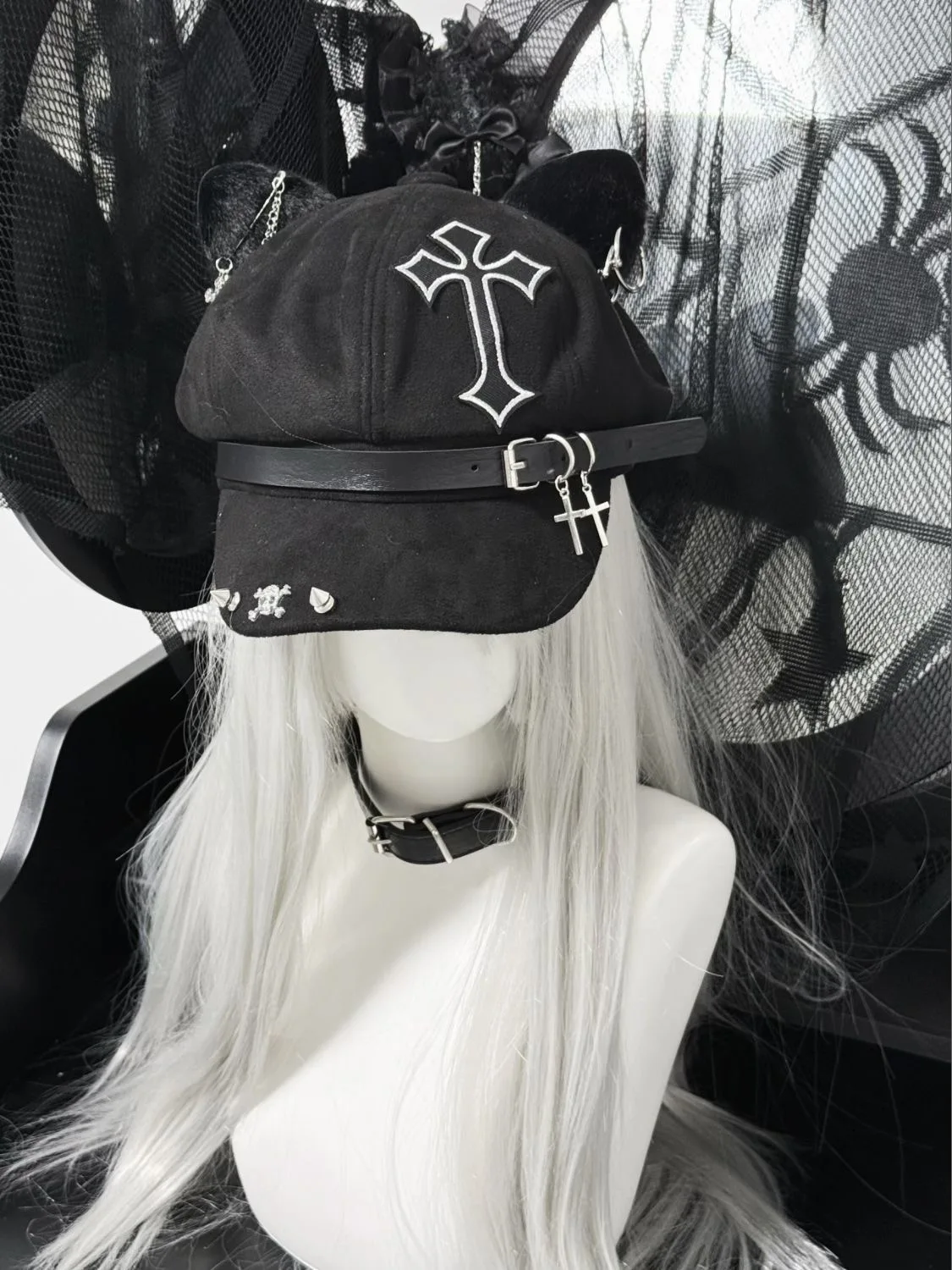 Harajuku gótico preto crânio cruz orelha de gato feminino punk designer y2k meninas acessórios chapéu de sol steampunk hip pop gato orelha chapéu