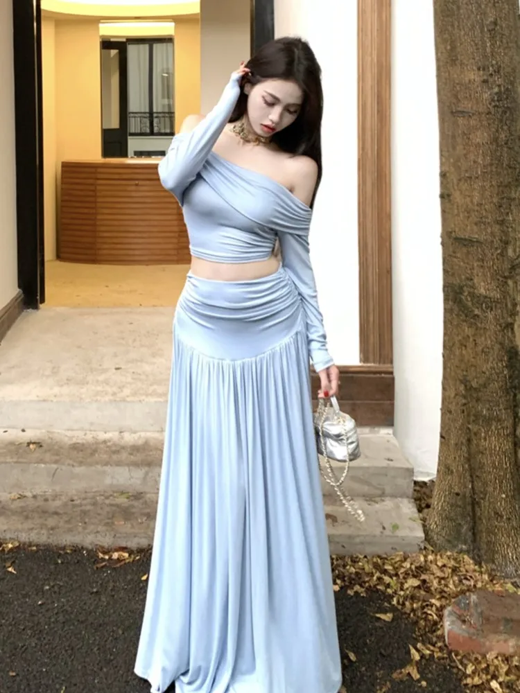 Autumn Women\'s Solid Two-piece Skirt Set Slash Neck Cropped Top High Waist Long Skirt Korean Fashion Ladies Outfits Streetwear