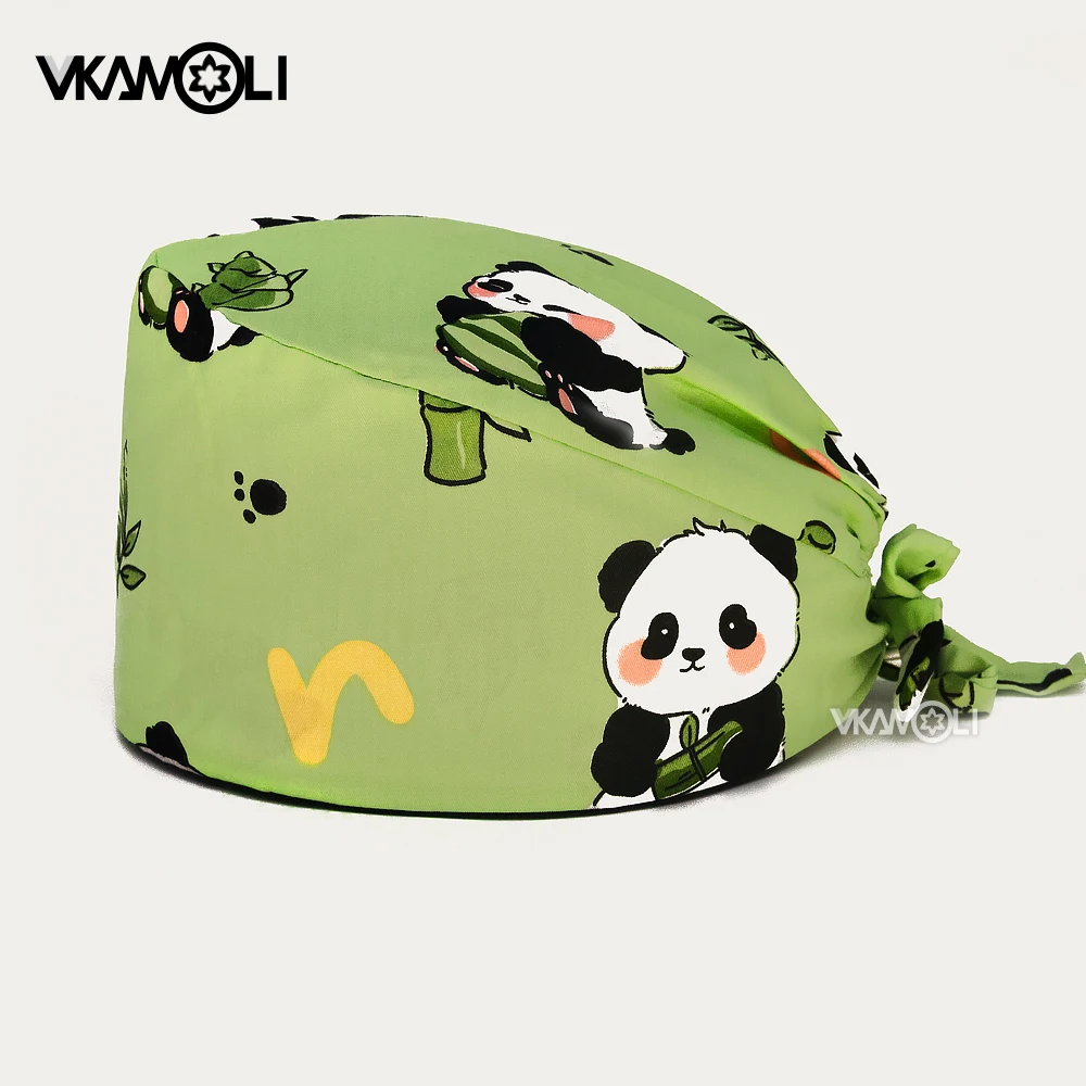 Cute Panda Pattern Green Print Surgery Cap Women Cotton Breathable Operating Room Cap Lab Works Hat Men and Women Scrub Cap