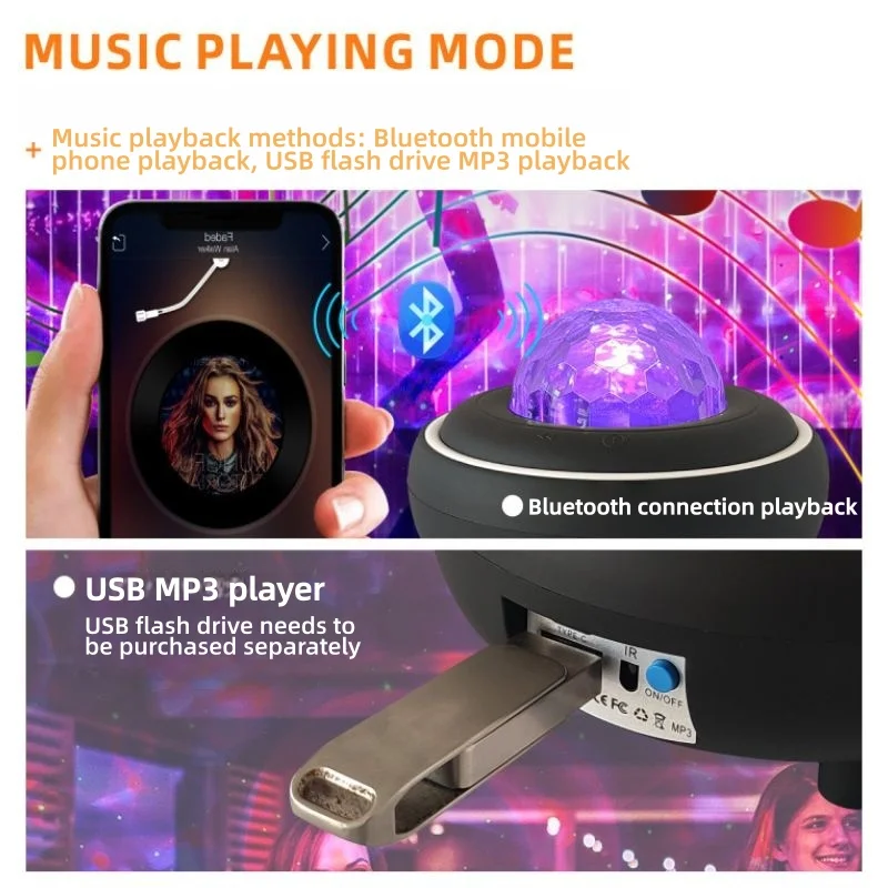 1 linterna láser para correr con cielo estrellado, carga USB, se puede conectar a la unidad flash USB Bluetooth, creación de una atmósfera de fiesta.