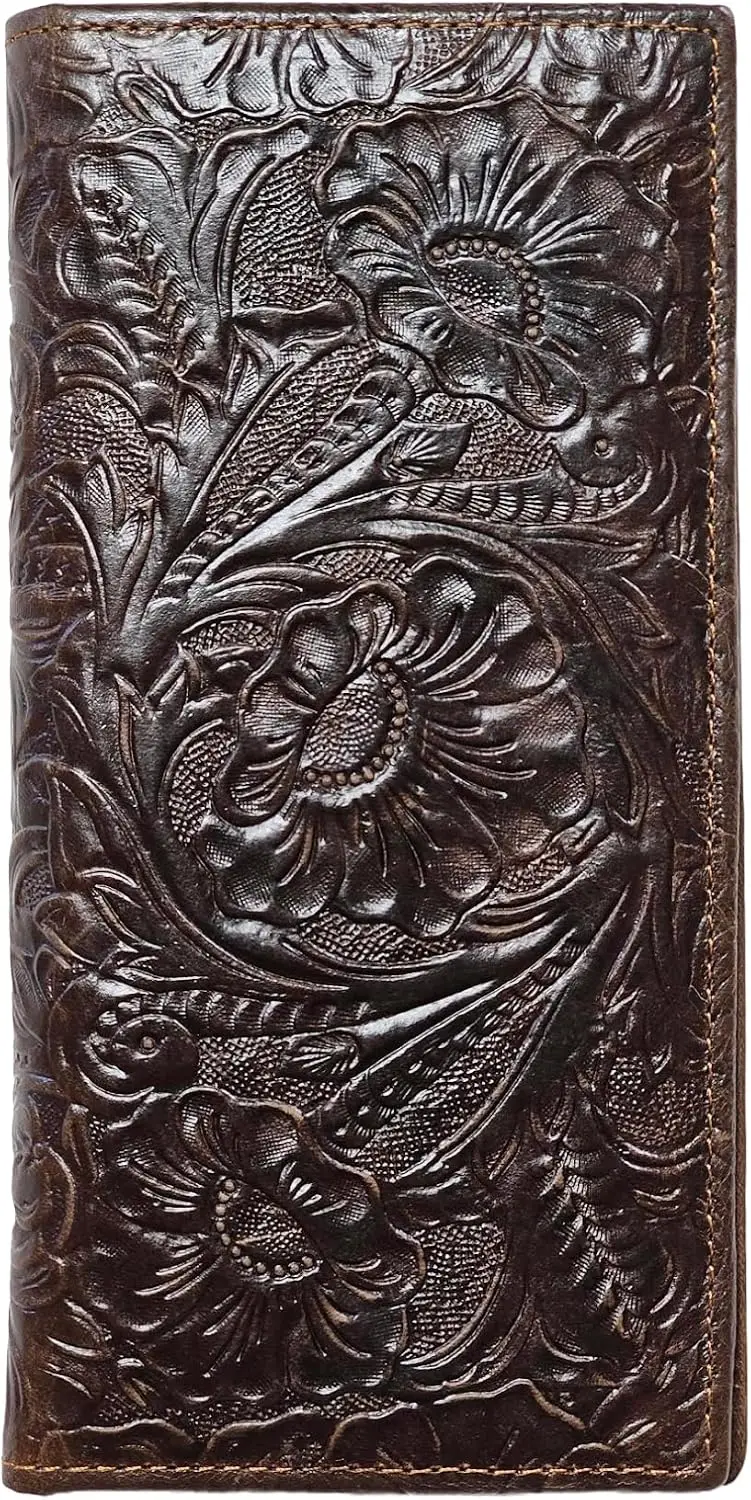 Men's Retro Genuine Leather Wallet Bifold Long Embossed Clutch Zipped Coin Purse RFID Blocking Dragon Coffee (Peony Floral)