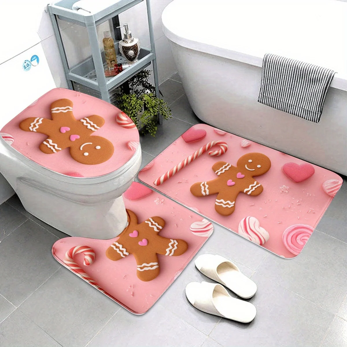 

Christmas Bathroom Rug Set of 3, Pink Background Gingerbread for Man and Candy, 3pcs Bathroom Bath Mat, Kitchen Bathroom Bedroom