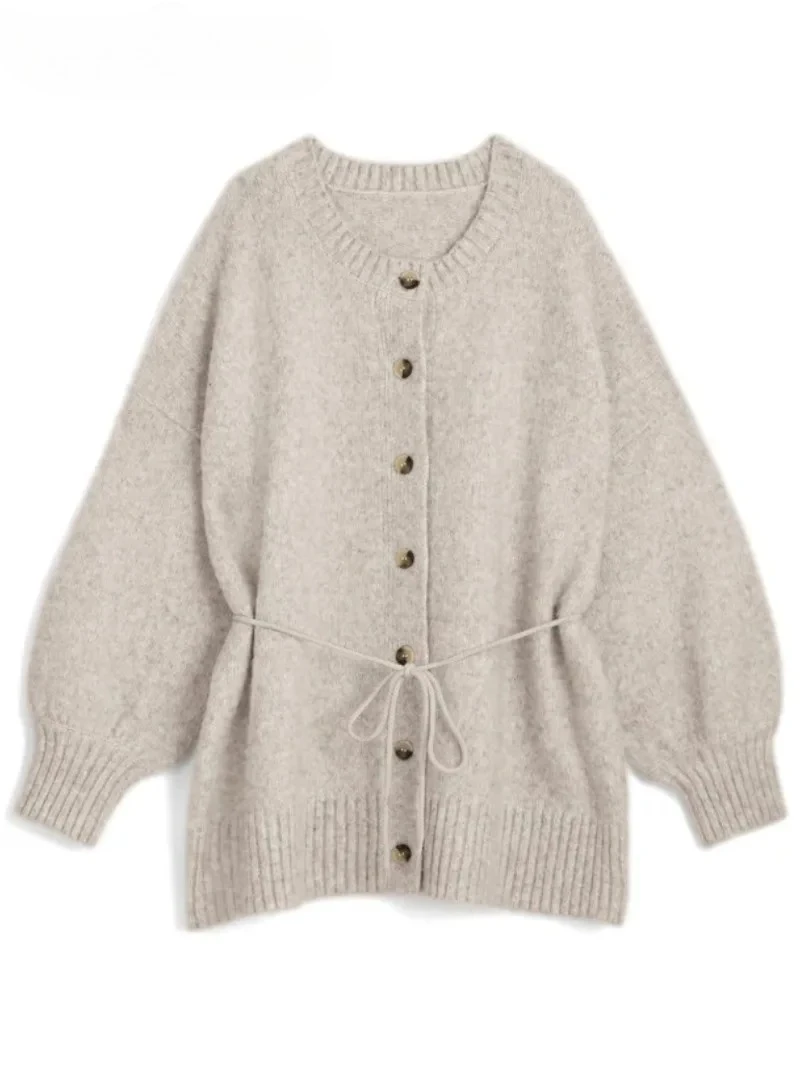 Jesienno-zimowy, nowy, japoński styl, słodki, miękki kardigan z moheru, dzianinowy płaszcz, luźny, z kokardą, zapinany na jeden guzik, sweter o średniej długości.