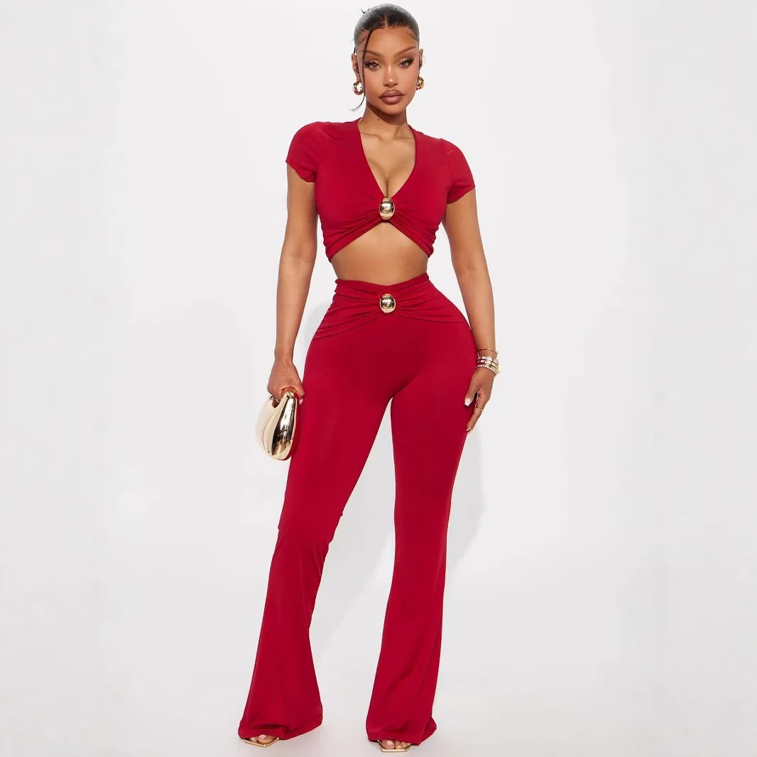 Sexy Spice Girls Style Low-cut V-neck Short-sleeved T-shirt Top Hardware Waist-wrapped Hip Trousers Suit Women