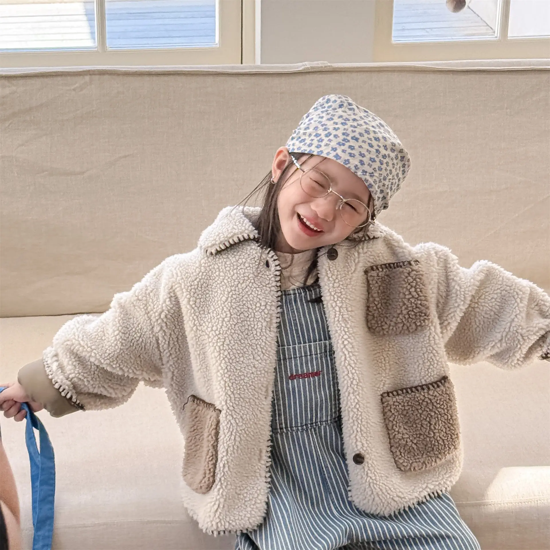 2026 New Winter Children Fleece Thicken Coats Pockets Patchwork Baby Girls Warm Outerwear  1-8Years