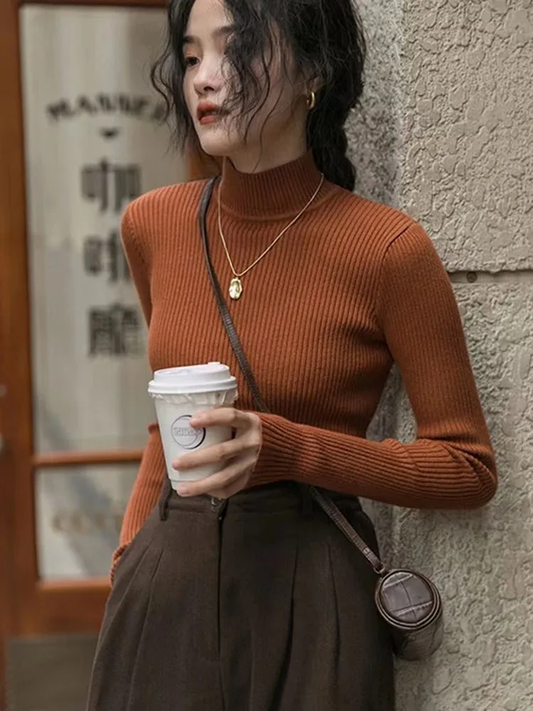 Autumn Winter 2025 Women Sweater Long Sleeve Knitted Turtleneck Ribbed Pull Sweater Soft Warm Femme Jumper Pullover