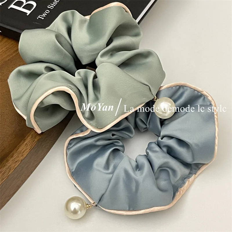 Satin Silk Scrunchies for Hair with Pearls Hairties Elastic Sweet Temperament Fashion Exaggerated Hair Band Hair Accessories