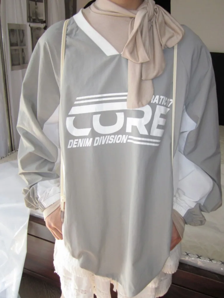 

ADAgirl винтажный серый свитшот с буквенным принтом женский лоскутный спортивный пуловер с V-образным вырезом Осенняя уличная мода Свободная Повседневная Толстовка