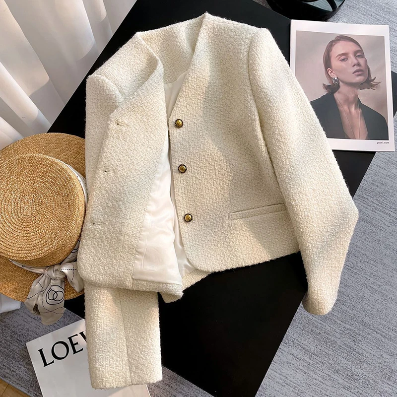 MEXZT Vintage Tweed Jacket Women Elegant Cropped V Neck Coat Winter Korean Short Outerwears Ladies Long Sleeve Design Blazer New