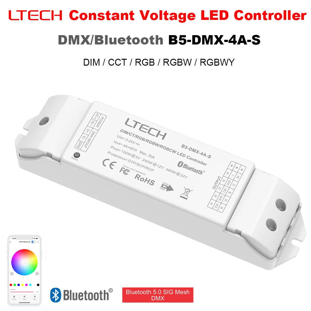 

LTECH DMX / Bluetooth / RDM Constant Voltage LED Controller DC5-24V Single color CT RGB RGBW RGBWY Dimming 4A×5CH 5A×4CH Max 20A