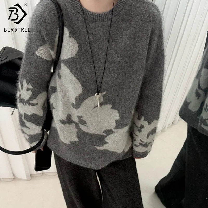 

Birdtree, однотонный плюшевый свитер из 100% чистой шерсти, женские вязаные жаккардовые базовые топы, круглый вырез, осенне-зимний пуловер 2025 T5D104JF