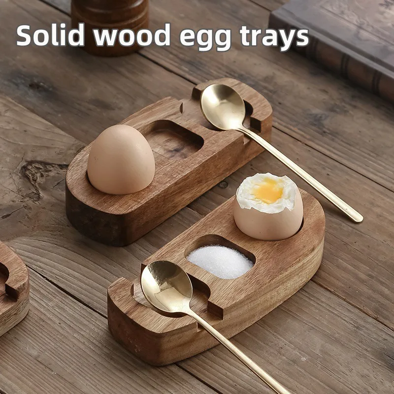 ​​​​​​​Creative Wooden Egg Tray with Egg Cup Holder and Shell Drill Tool Practical Kitchen Storage Serving Set for Fresh Eggs
