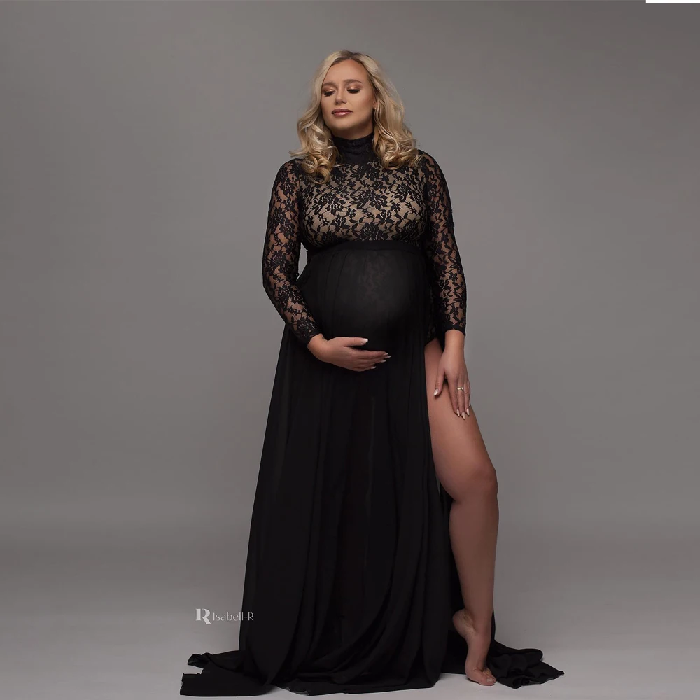 Maternity Photography Props Dress Stretchy Lace Bodysuit Removable Chiffon Sides Slit Skirt For Photo Shoot Pregnant Accessories