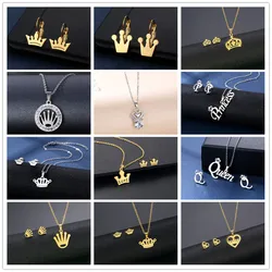 Stainless Steel Fashion Jewelry Sets crystal Queen Crown Choker Necklaces &  Earings Set Noble Letter Pendant Studs Wholesale