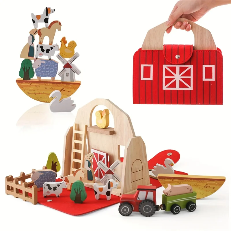 AINY-18Pcs animales de granja granero de madera Montessori apilamiento para niños pequeños granero rojo granja juego de simulación regalo de cumpleaños