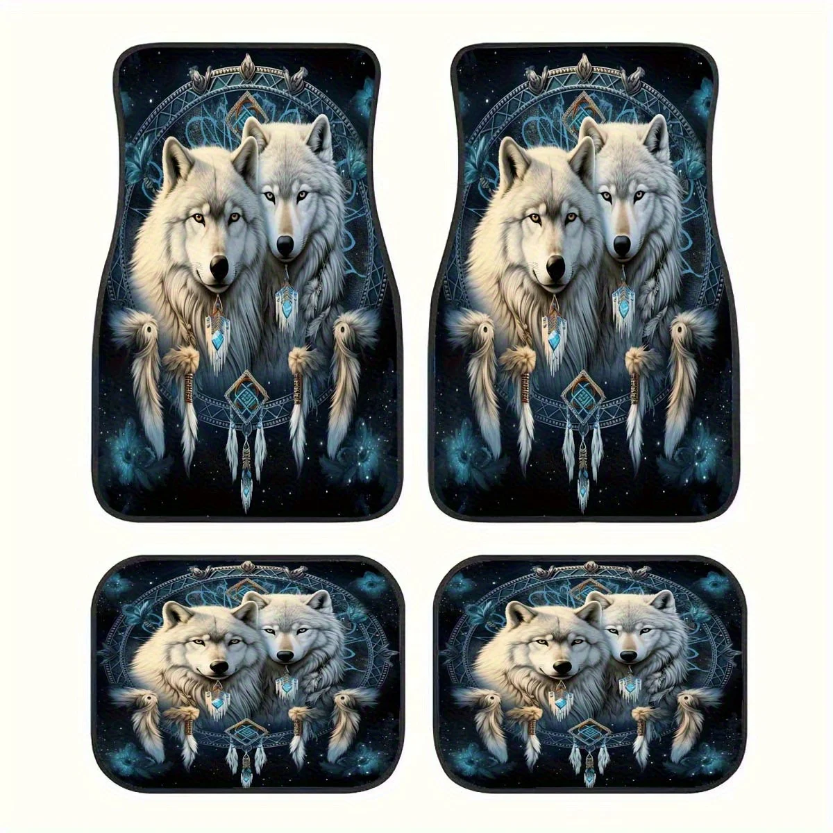 Full Coverage Car Floor Mats - Wolf Pack & Dreamcatcher Tribal Design In White & Blue, Non-Slip Backing, Crystal Velvet Interior