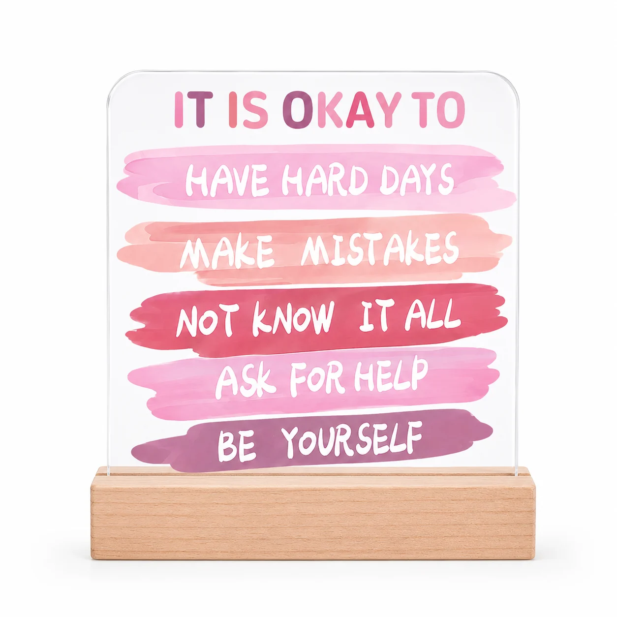 Inspirational Acrylic Desk Sign with Wood Stand, Positive Quote Decor Gift for Home Office Study Room, Clear Pink Plaque