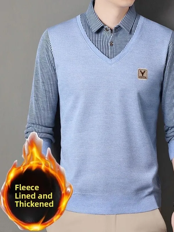 

Men's Winter Thickened Fleece Lined Knitted Sweater Youth Warm Base Layer Casual Style Long Sleeve Shirt Style Knitwear
