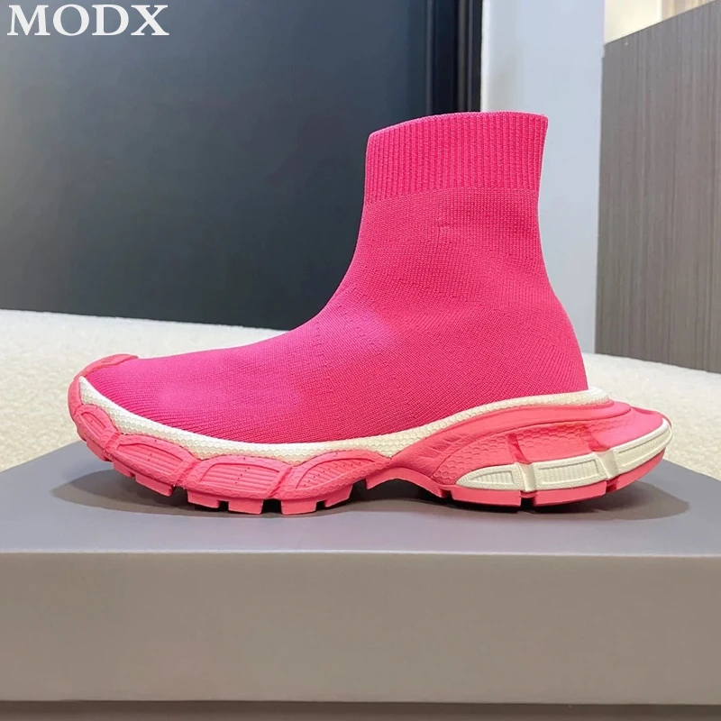 Knitted Chunky Sole Stretch Sneakers Fashion Slip On Casual Couple Sock Boot Height Increasing Breathable Sports Flat Shoe Women