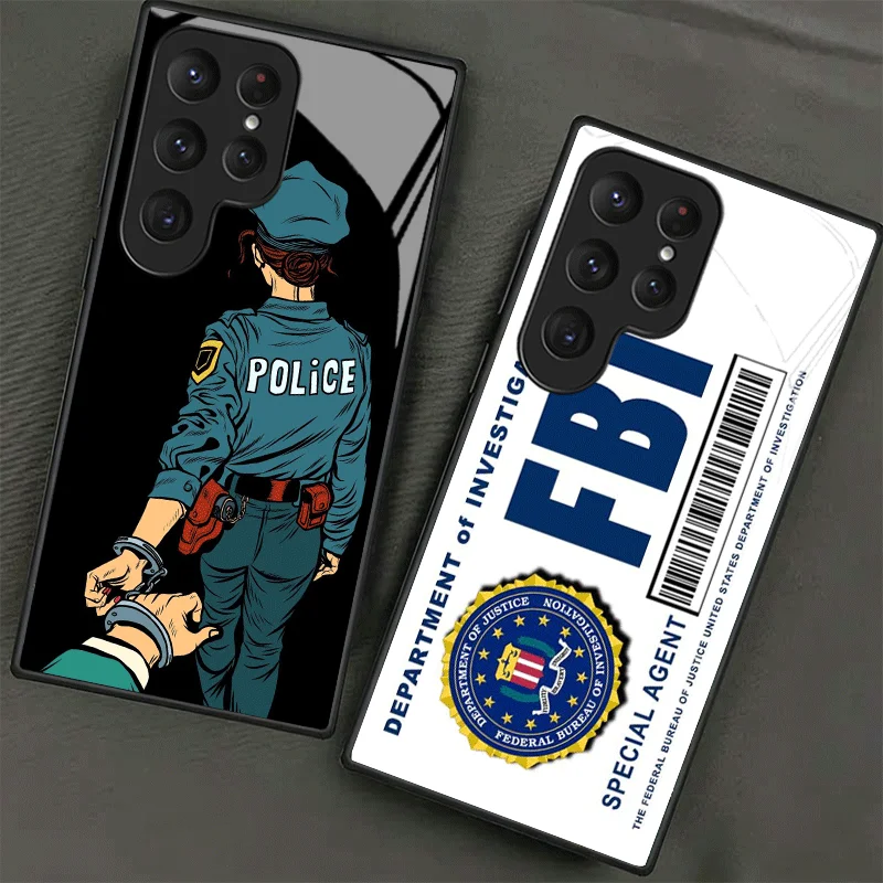 Police FBI ID Card Swat Tempered Glass Phone Case for Samsung Galaxy S24 S25 S26 Ultra Edge S23 FE S22 Plus S21 + S20 Shockproof