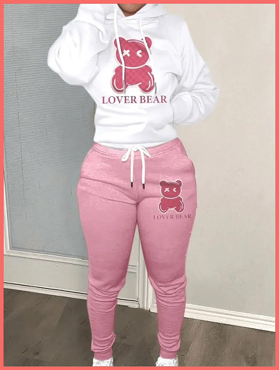 

Women's Cute Bear Print Tracksuit Set, Long Sleeve Hoodie with Pocket & Drawstring Joggers, 2-Piece Matching Outfit