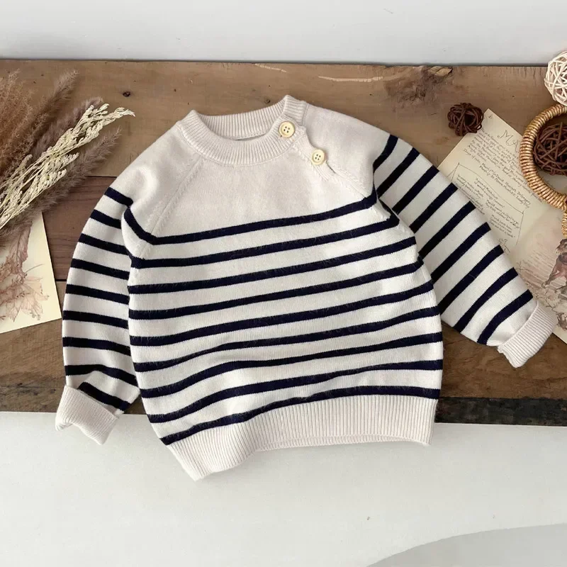 Baby Casual Sweater for Girls Boys Clothes 2023 Autumn Winter New Infant Fashion Knitted Striped Long Sleeve Pullover Tops