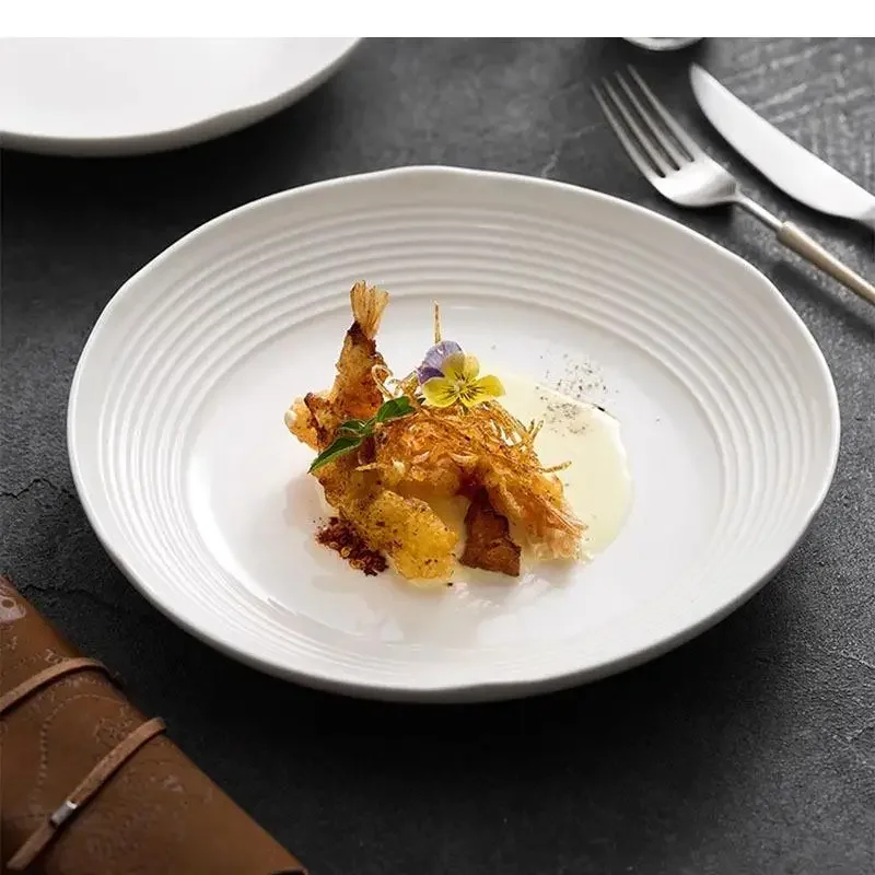 Ceramic Pure White Horizontal Pattern Deep Plate Restaurant Salad Pasta Soup Plates Dessert Dish Specialty Tableware