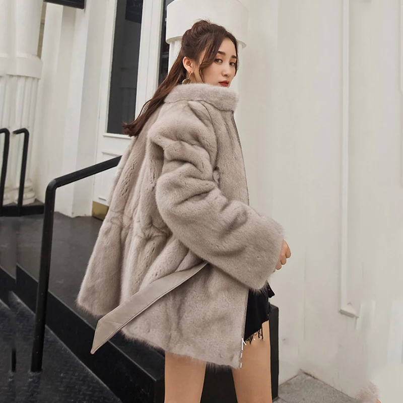 Ftangaiur Winter Import Velvet Mink Fur Coat Loose Mink Coat Women Long Sleeve Mandarin Collar Medium Natural Real Fur Coats