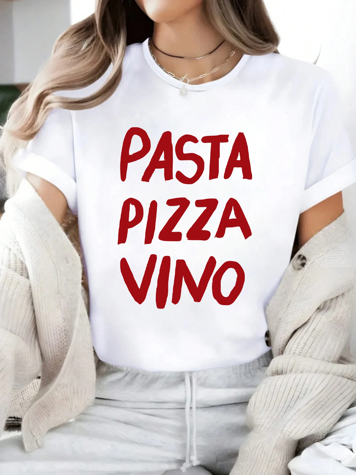 Camiseta de manga corta con cuello redondo para mujer con alfabeto inglés media manga elástica y estampados de moda