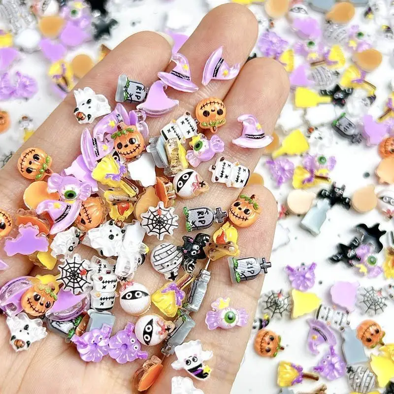 

50PCS Cartoon Halloween Series Nail Charms Cute Angel Ghost Bat Funny Pumpkin Monster Festival Nail Art Decorations DIY Manicure