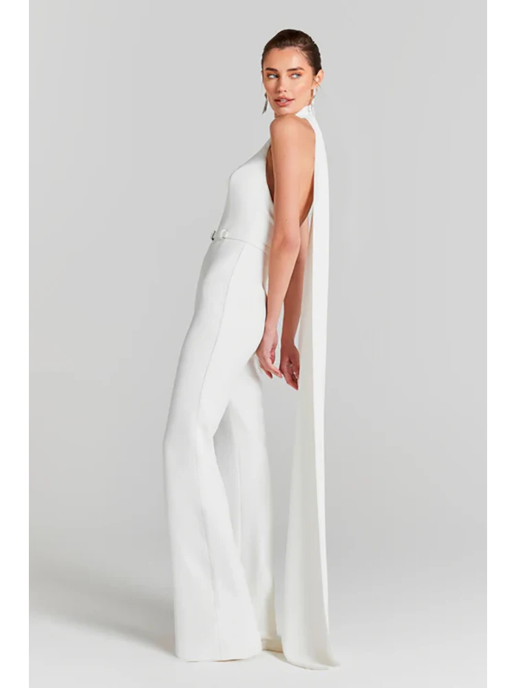 Sexy Halter Neck Long Draped Jumpsuit Women White Sleeveless Backless Slim Fit Wide Leg Jumpsuit Elegant Evening Party Runway