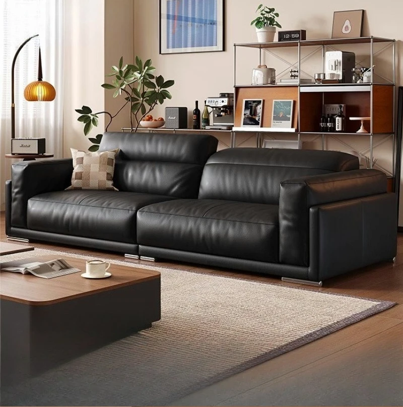 

Leather sofa living room small apartment three-person straight row black oil wax leather down sofa