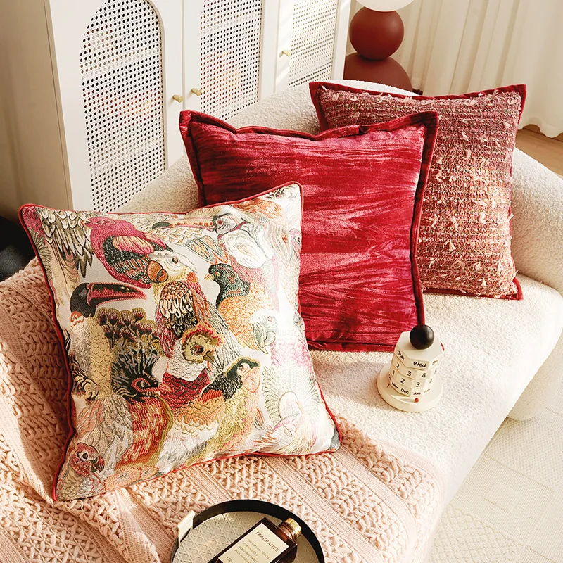 

Light Luxury Red French Throw Pillow Cover Premium Retro Red Pillowcase Cushion Cover Sofa Living Room Pillow Cover Home Decor