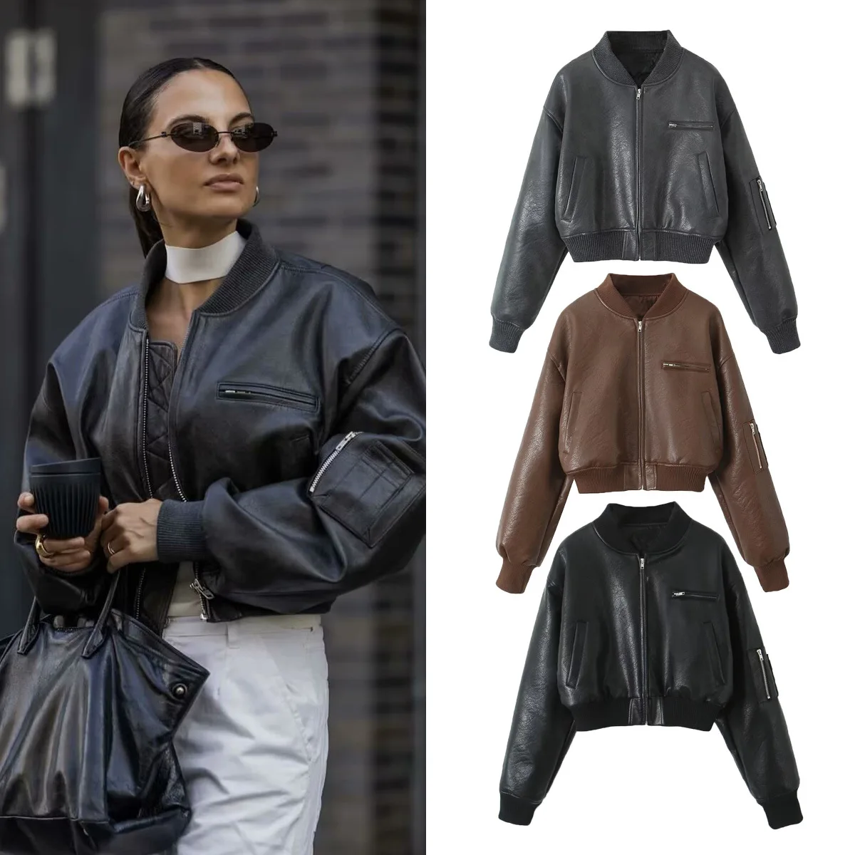

Autumn Chic Motocycle Leather Jacket Lady Outwear Vintage Zipper Jacket Woman O-Neck Long Sleeves Solid Color Loose Bomber Coats