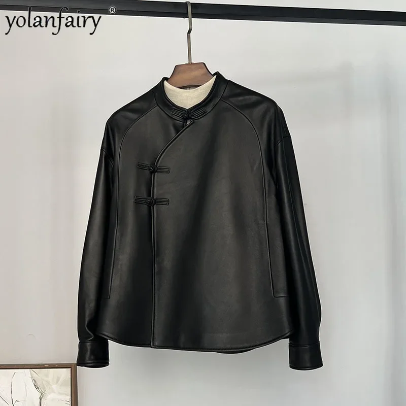 Veste en cuir véritable pour femme, manteau en peau de mouton véritable, vestes en cuir vintage, noir, vêtements pour femmes, printemps, automne, 2023