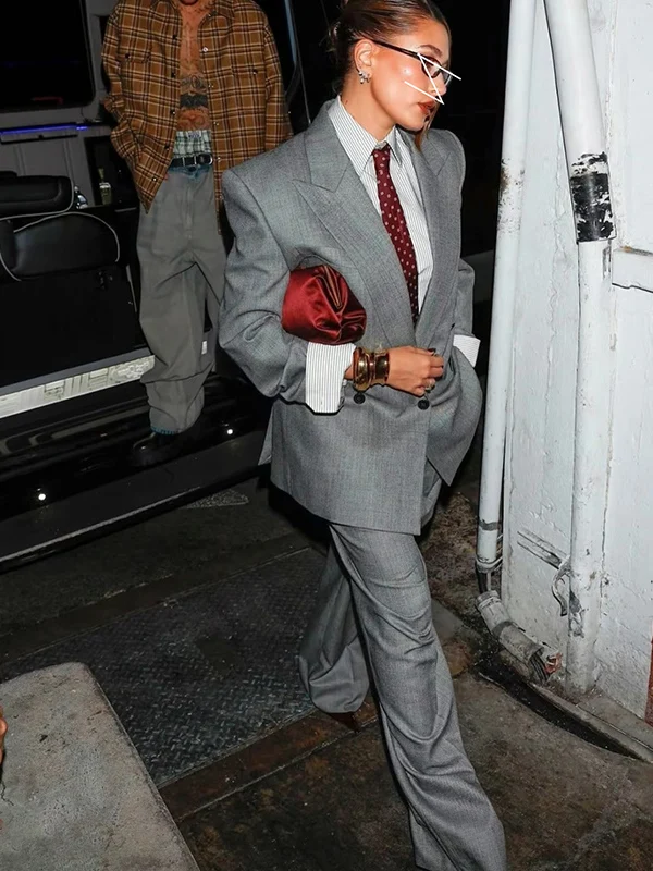 

Double-Breasted Loose Fit Long Waist Slimming Wide Leg Pants Commute Set High Waist Notch Lapel Suit Outerwear