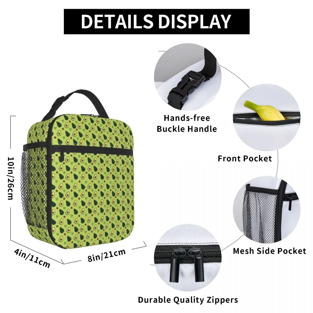 Avocado Bos Patroon Geïsoleerde Lunchtassen voor Vrouwen Draagbare Koeler Thermische Bento Box Outdoor Camping Reizen