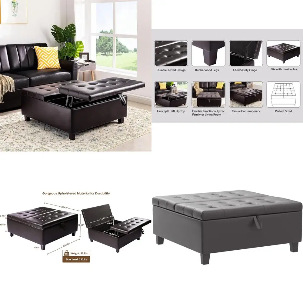 

Ciara 35-Inch Air Leather Tufted Upholstered Lift-Top Ottoman Bench, Large Square Storage Coffee Table for Living Room, Toy Box,