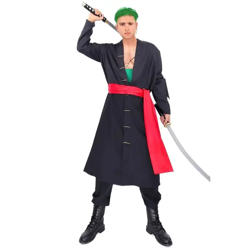 WENAM Roronoa Zoro Wano Country Black Cosplay Costume Full Set Kimono Robe Cloak with Sash Armband Wig Cool Men Combat Uniform