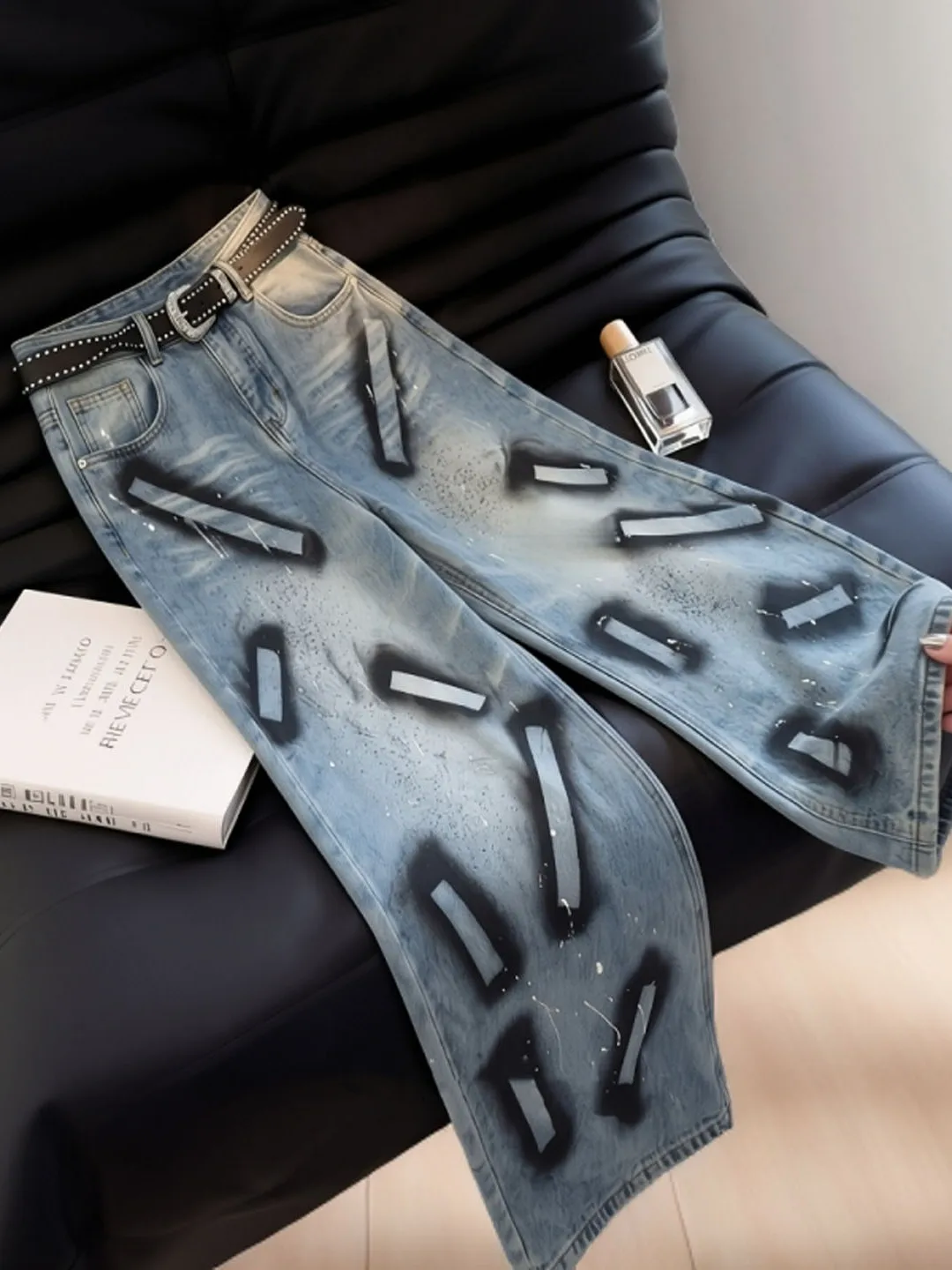 Retro Graffiti Denim Jeans Women's Loose High Waist Slim Wide Leg Pants Fashionable Casual Design Early Autumn New Arrival