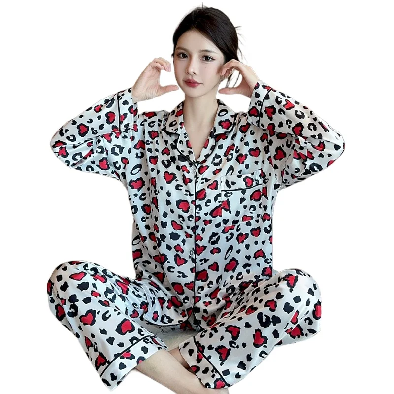 Long Sleeves Ice Silk Soft Loungewear Spring Autumn Popular Light Luxury Lotus Leaf Edge Flower Pajamas Two-piece Set Wholesale