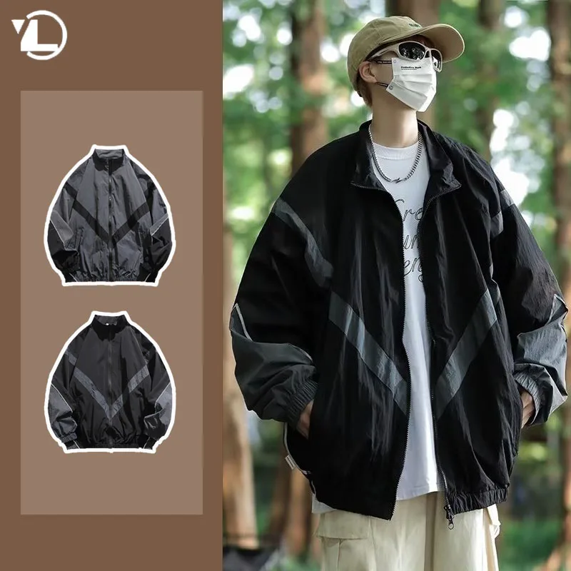 

Sports Casual Mens Charge Jacket Reflective Strip Patchwork Stand Collar Male Coat Thin Oversized Harajuku Outdoors Windbreaker