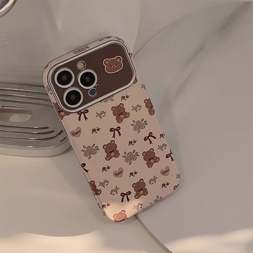 الكورية لطيف الكرتون الدب الزهور الجلود الملمس جراب هاتف آيفون 17 16 15 14 13 12 11 برو ماكس للصدمات الغطاء الواقي
