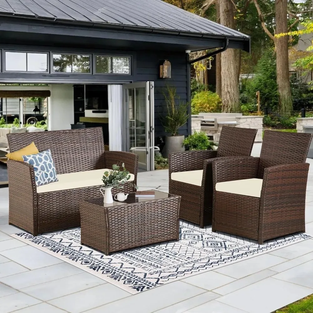 

4-piece terrace furniture set, outdoor wicker dialogue set, rattan combination sofa and poolside cushion with coffee table