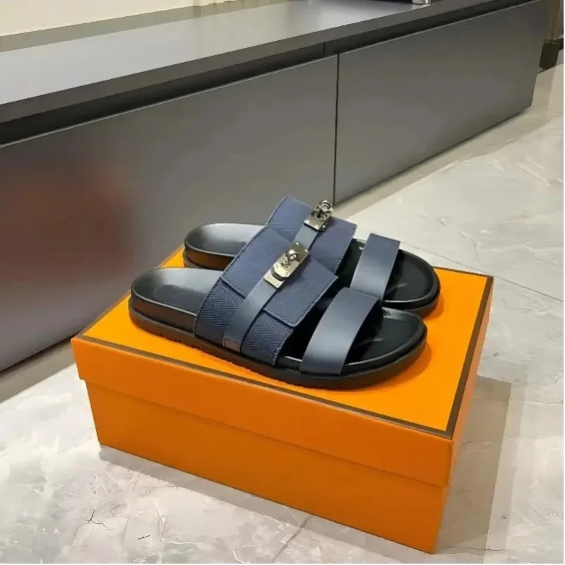 Premium Echtleder Unisex Doppelriemen-Sandalen mit Metallschnalle Rutschfeste Komfortable Sommer-Pantoffeln