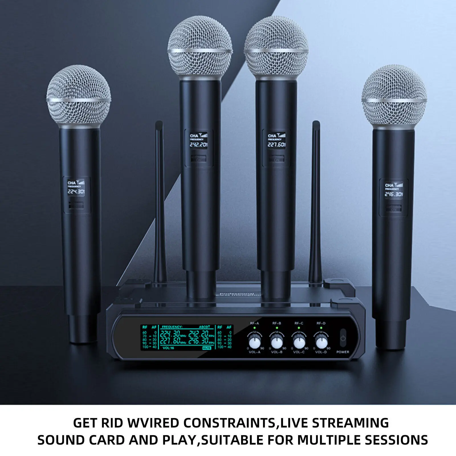 VHF Wireless 4 Channel with 4 Handheld Metal Dynamic Microphones Mic System