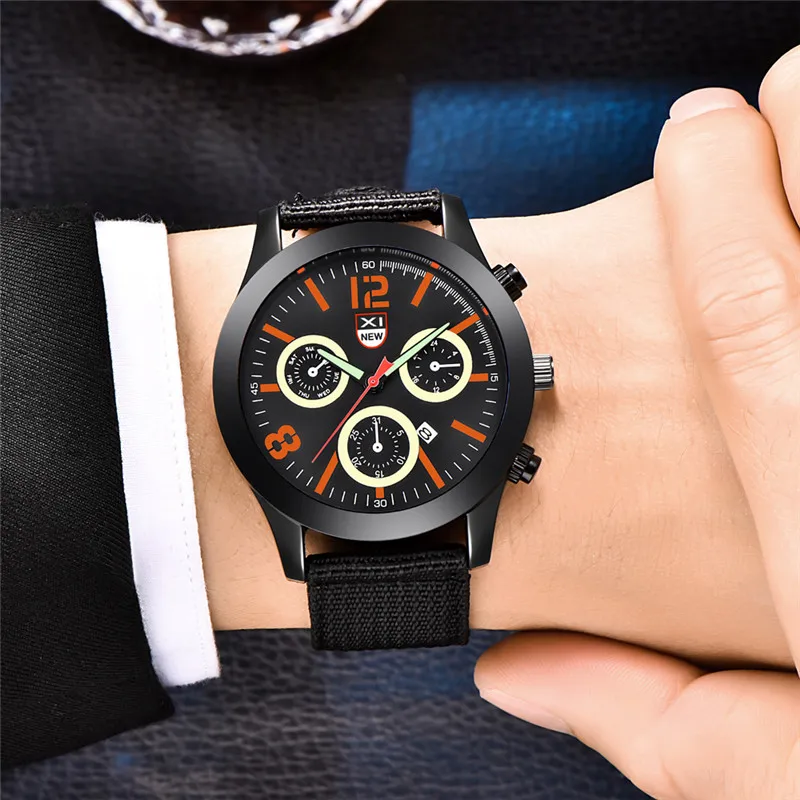 1 pc/lote Homens Genuíno XINEW Marca Relógios Estudantes Meninos Moda Casual Nylon Banda Esportes Data Relógio de Quartzo Preto Montre Homme