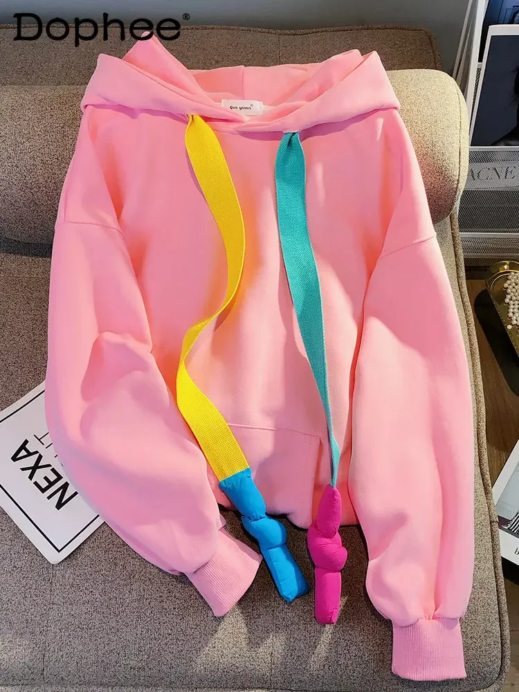 Korean Style Sense Color Ribbon Hoodie Coat 2022 Spring and Autumn New Loose Leisure Slimming Mid-Length Sweatshirt Hoodies Top